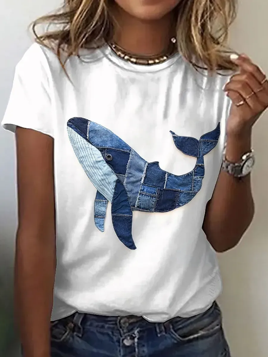 Women'S Vintage Whale Pattern Stitching Art T-Shirt