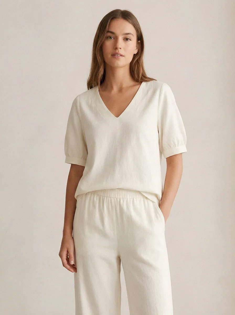 Short-Sleeve Puff-Sleeve Women's V-Neck Casual Lounge Set