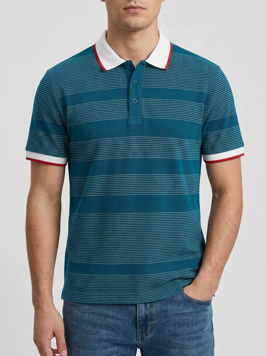 Men's Casual Style Navy Blue Horizontal Striped Printed Polo Shirt