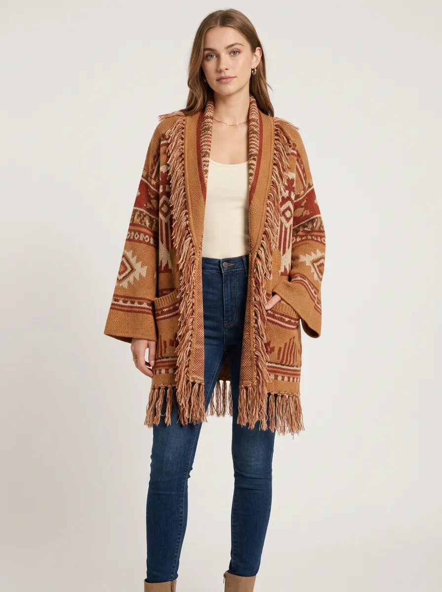 Women's Southwestern Pattern Fringe Cardigan Fringe-Trim