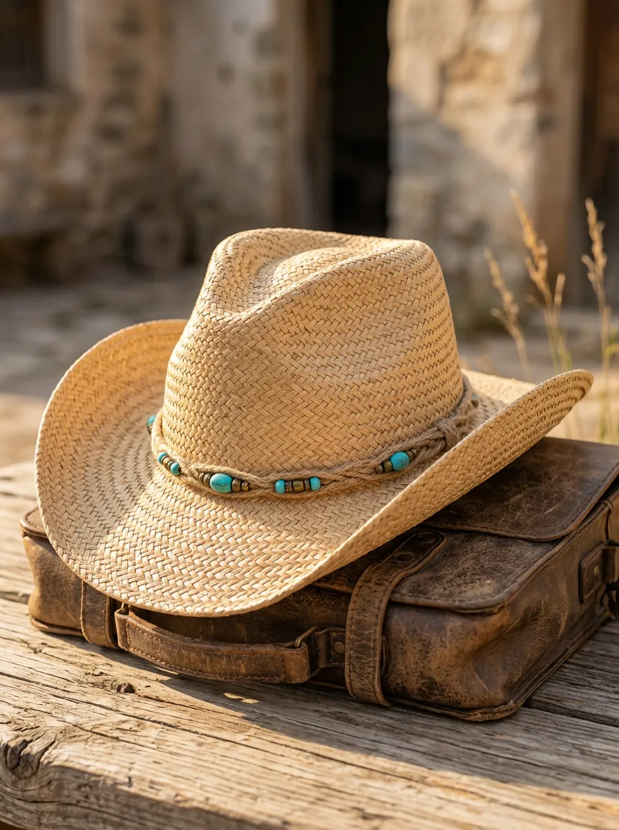 Unisex Bead Accents Straw Cowboy Hat