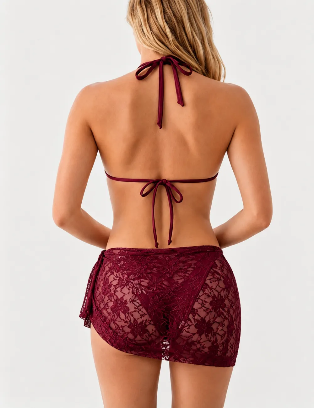 Lace Mesh Triangle Bikini Set with Sarong Set