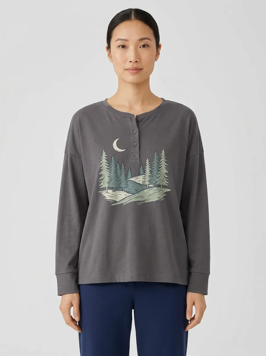 Women's Graphic Henley Long-Sleeve T-Shirt