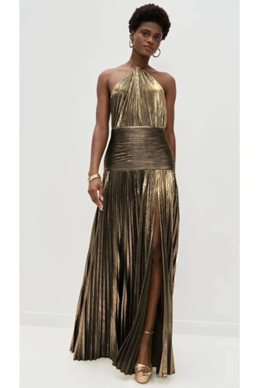  Halter Neck Pleated Satin Maxi Dress