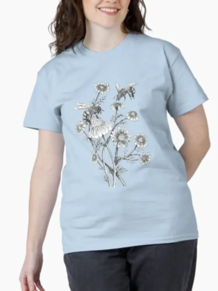 Women's  Bee & Floral Sketch Print Short-Sleeve Crew Neck T-Shirt