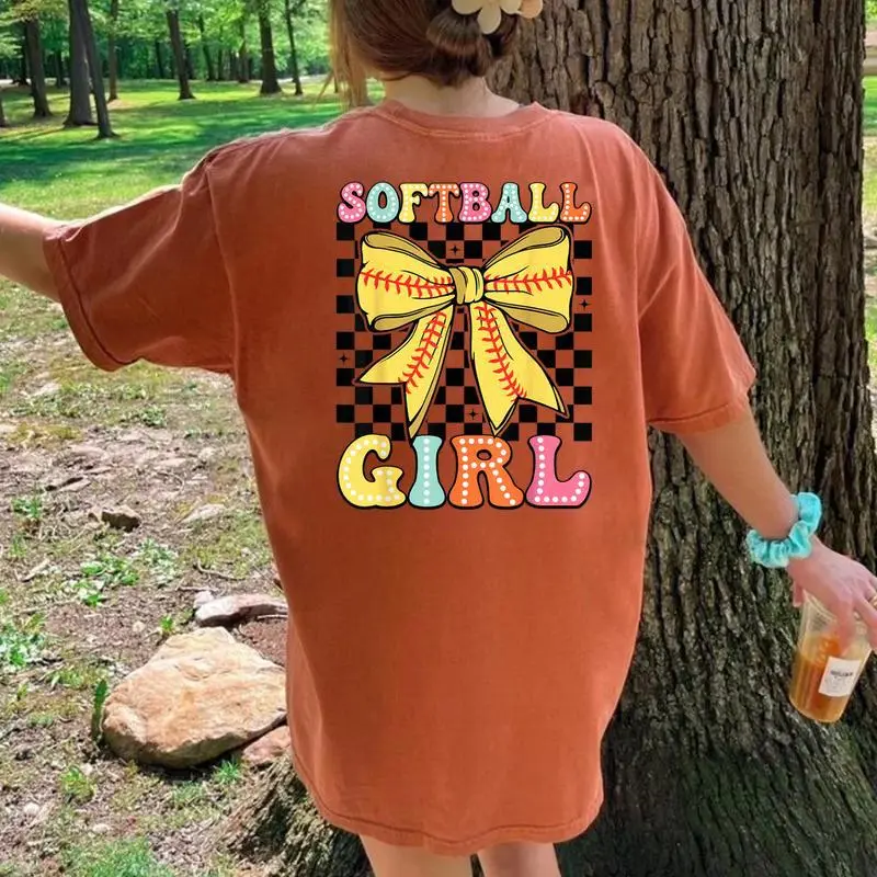 Groovy Softball Girl Coquette Bow Softball Girls Women Women's Oversized Comfort T-Shirt Back Print