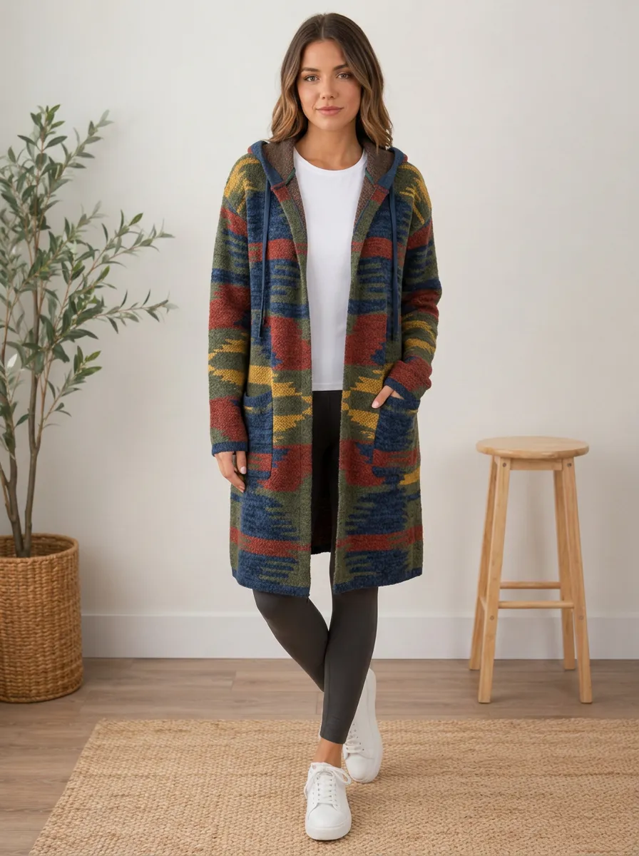 Women's Boho Style Geometric Pattern Printed Hooded Cardigan