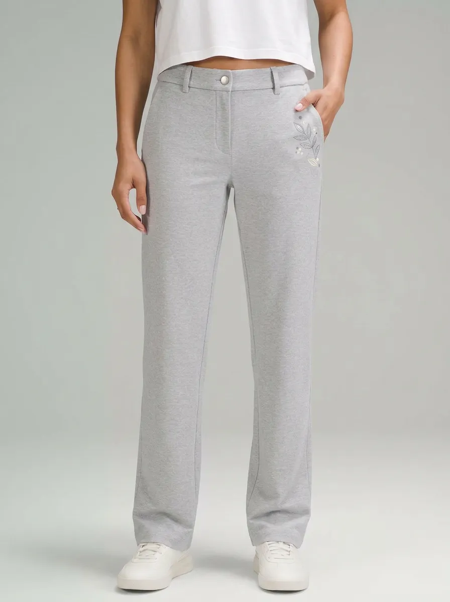 Women's Floral Botanical Grey Mid-Rise Straight Leg Pants