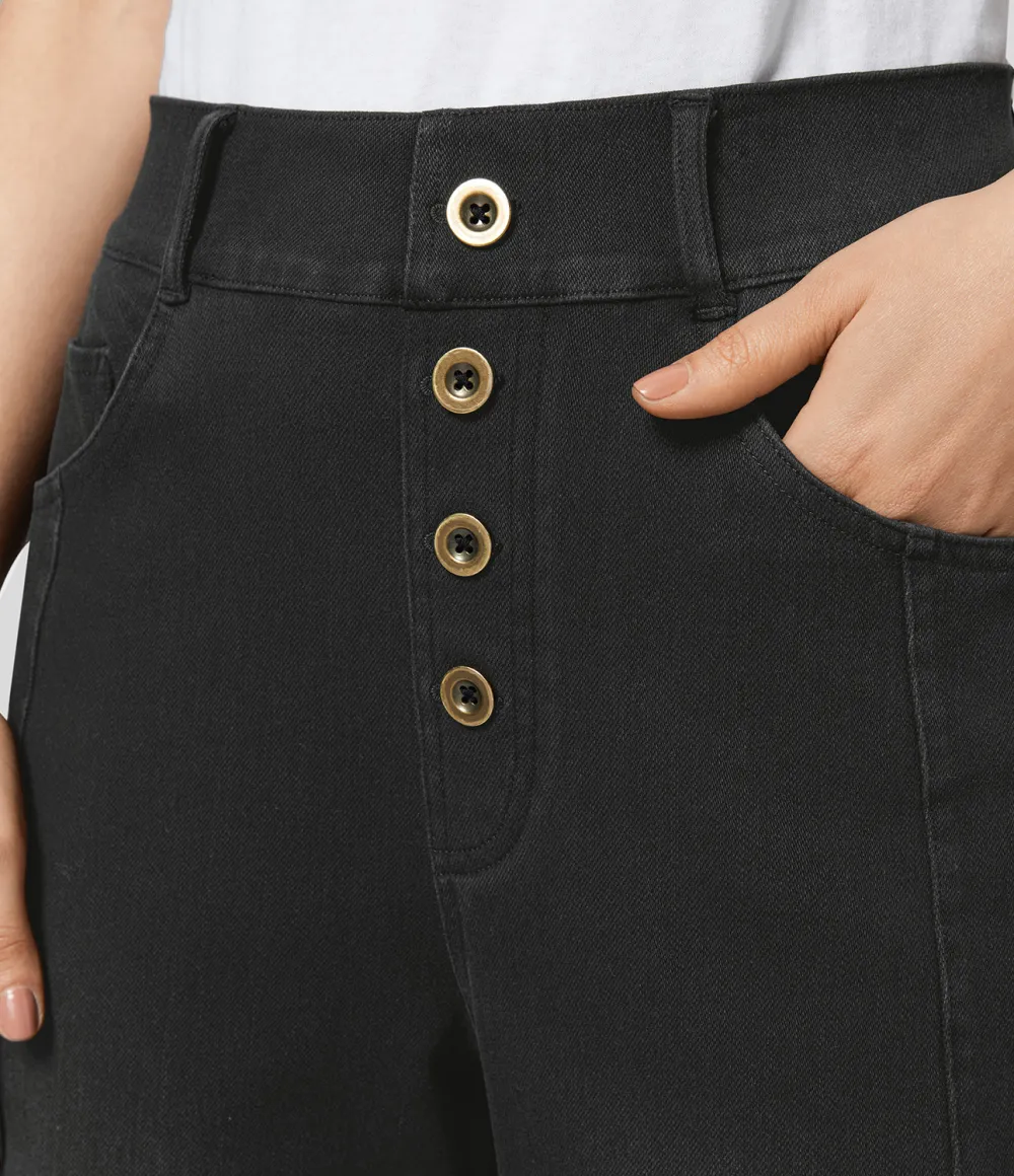 Magic High Waisted Decorative Button Multiple Pockets Straight Leg Stretchy Knit Casual Boyfriend Jeans
