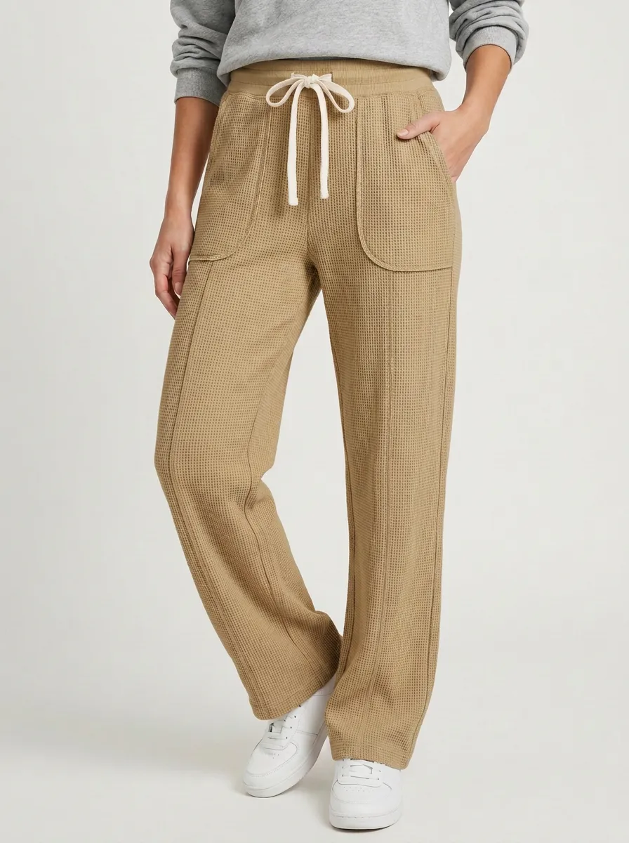 Women's Waffle Knit Beige Drawstring Casual Lounge Pants
