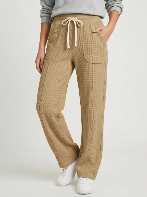 Women's Waffle Knit Beige Drawstring Casual Lounge Pants