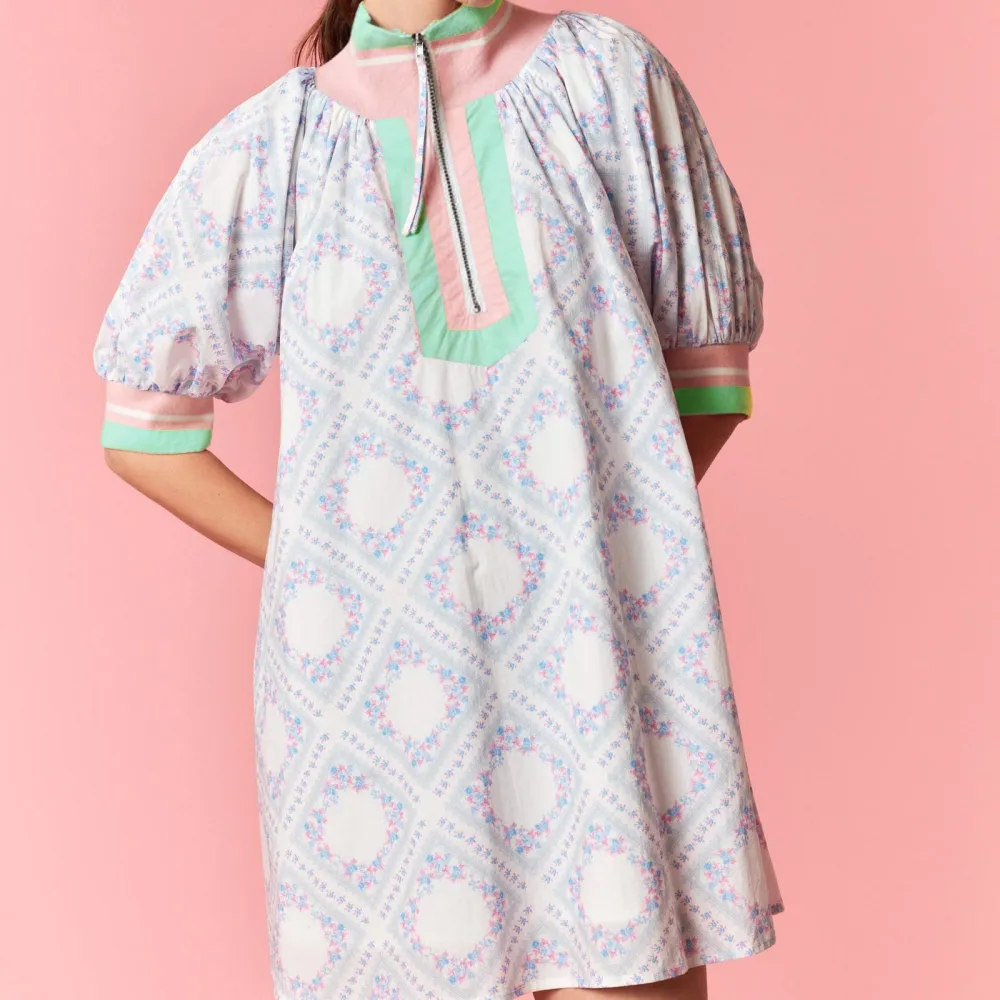 Floral Striped Puff Sleeve Half Zip Dress
