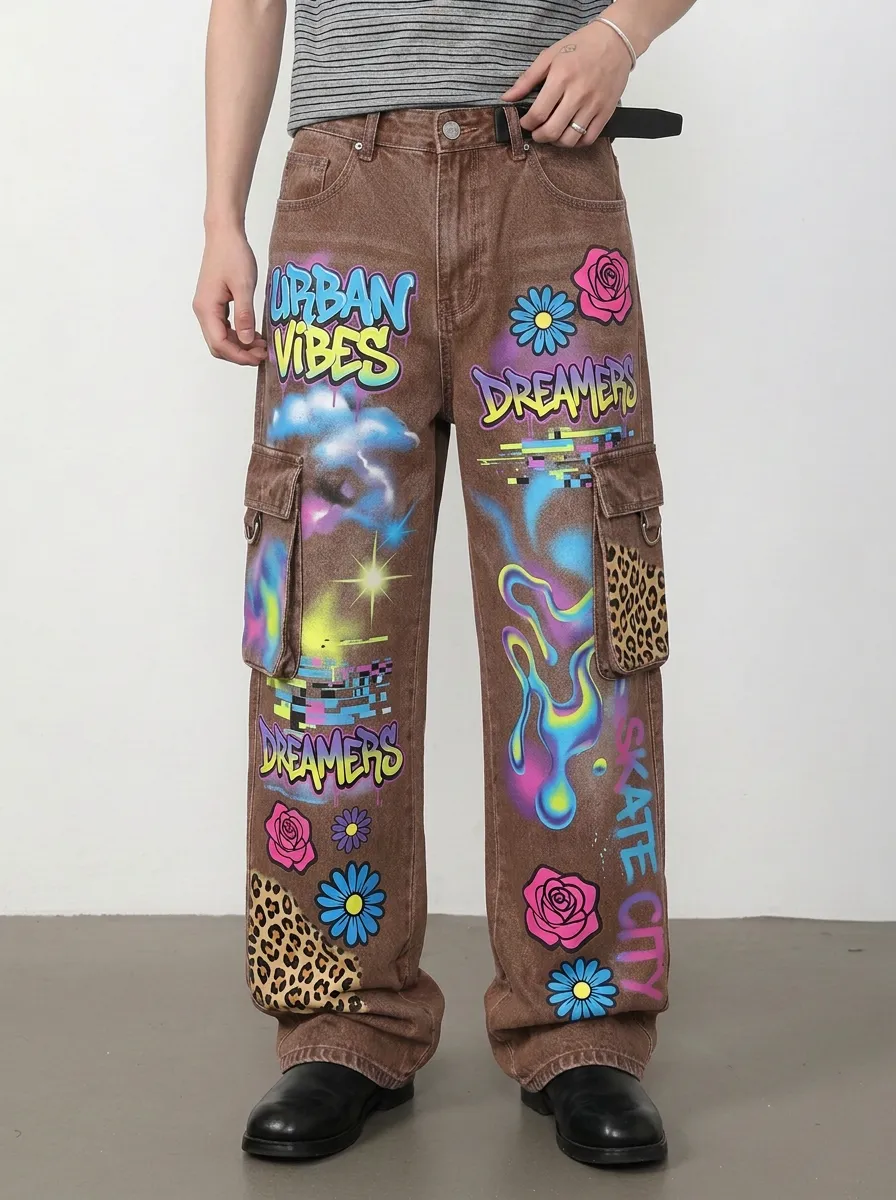 Men's Streetwear Graffiti Leopard Flower Graphic Cargo Jeans