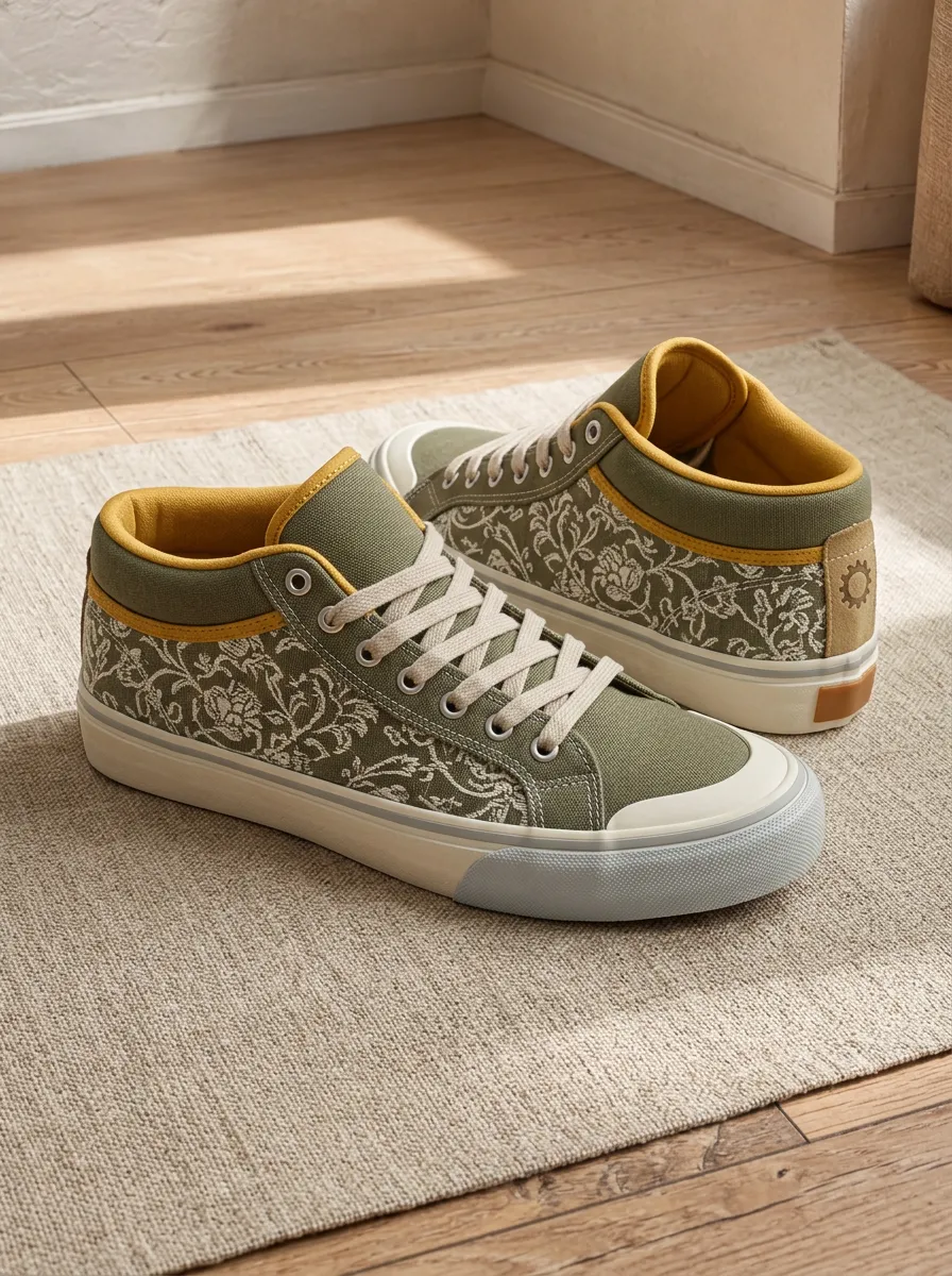 Women's Olive Floral Botanical Printed Canvas Sneakers