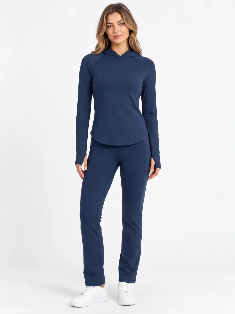 Women's Navy Raglan Thumbhole Hoodie and Side-Pocket Straight-Leg Pant Set