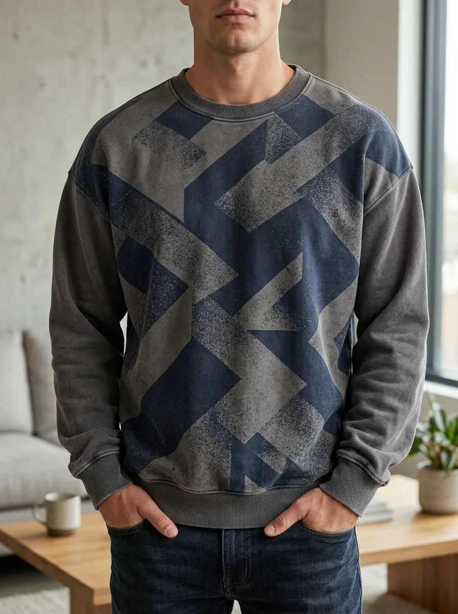 Men's Geometric Print Crewneck Sweatshirt Geometric Graphic