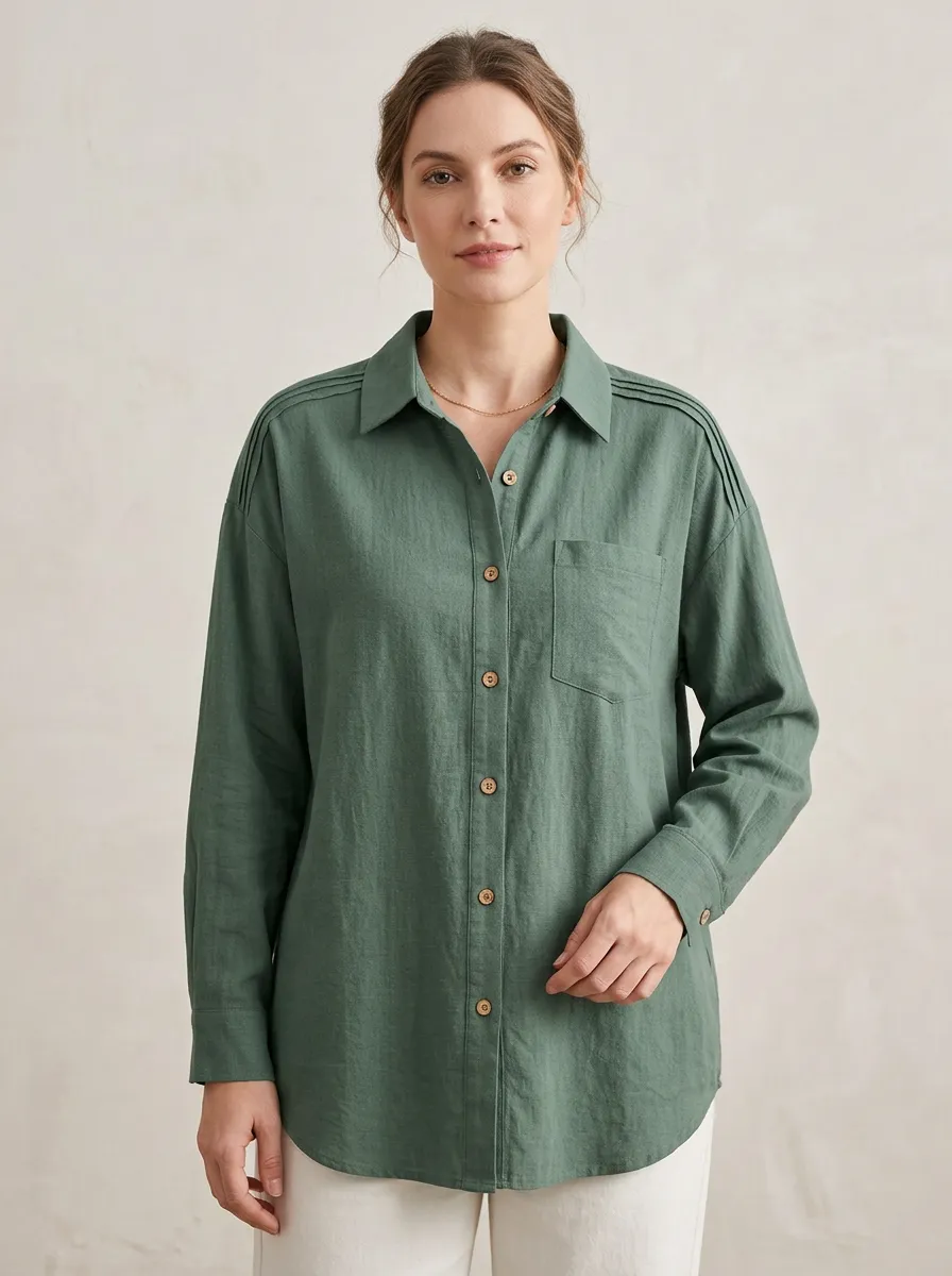 Women's Casual Sage Green Pleated Shoulder Button Down Shirt