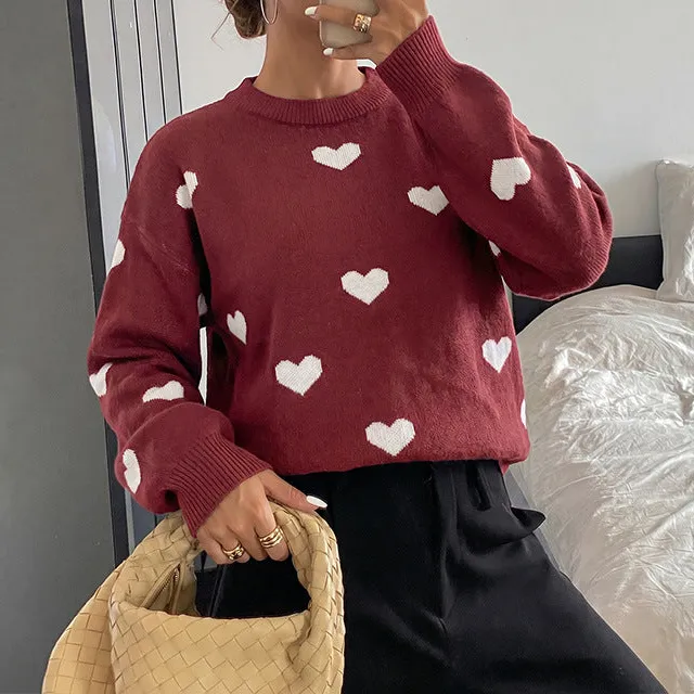 Women's Jacquard Heart-Motif Round-Neck Vintage-Inspired Sweater