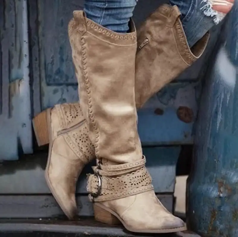 Vintage Knee-High Boots Block-Heel Boots