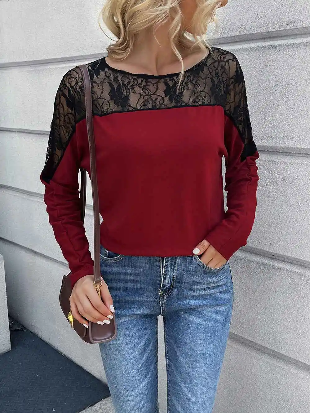 Lace Long Sleeve Round Neck Tee