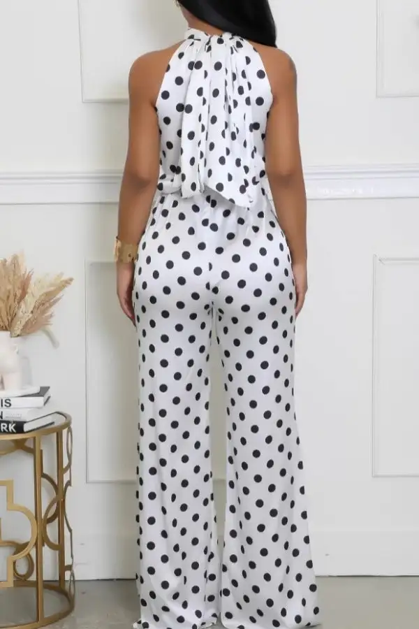 Polka Dot Cutout Halter Lace-Up Jumpsuit