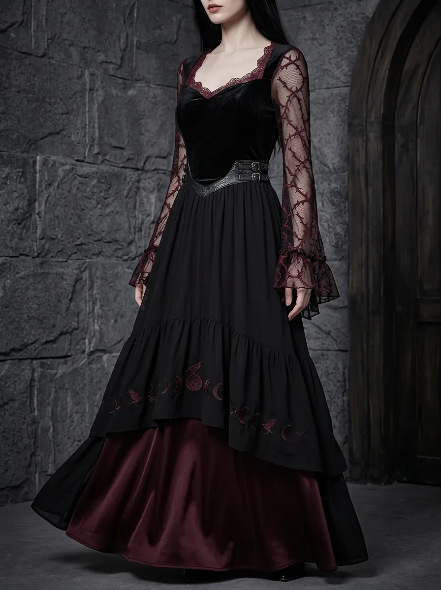 Dark Romantic Moon Phase Moon Thorn Design Women's Gothic Dress