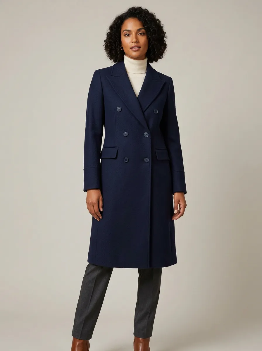 Women's Navy Blue Double-Breasted Wool Blend Tailored Coat