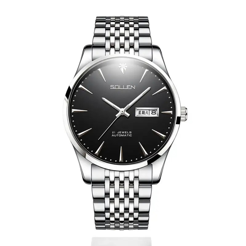 Sollen 9030 Automatic Watch - Men's Diamond-Set Dial Day Date 9-Bead Stainless Steel Bracelet Wristwatch