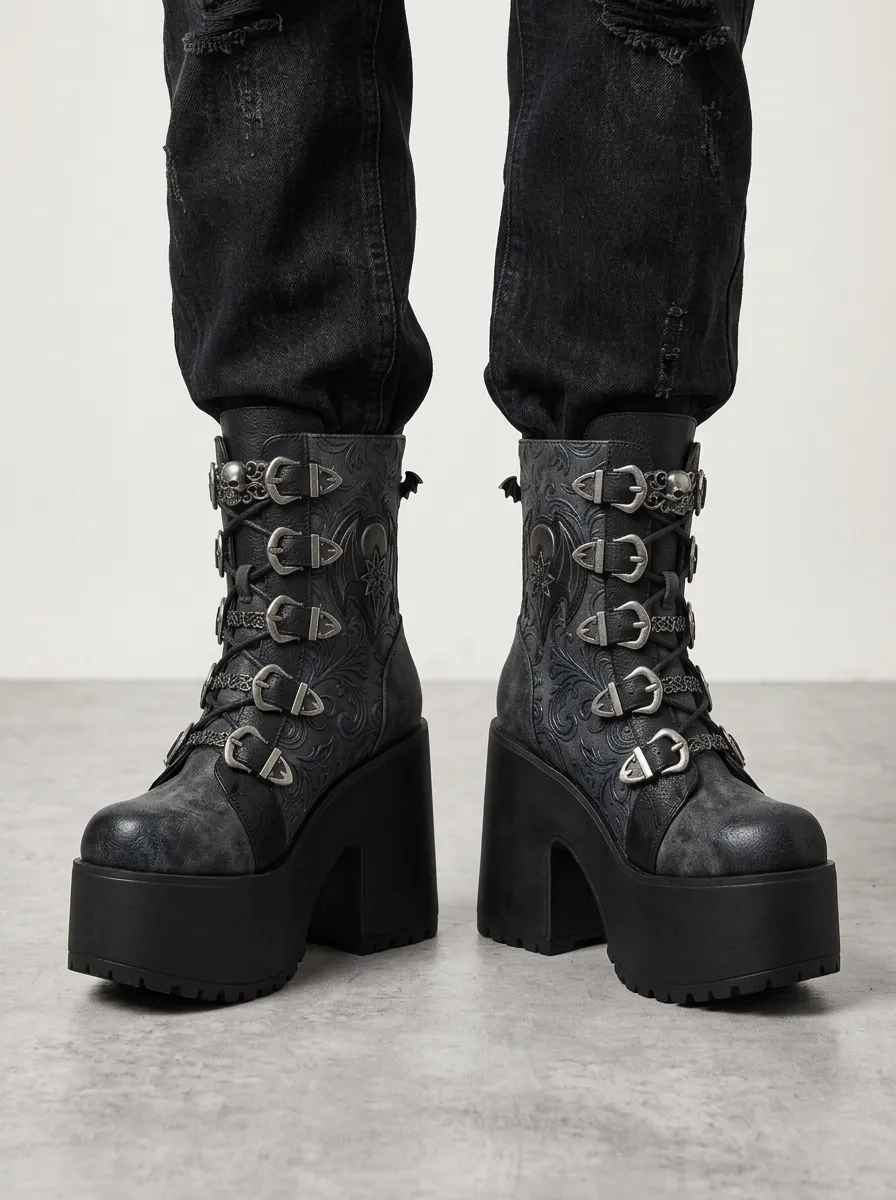 Dark Skull Bat Wing Detail Women's Gothic Platform Boots