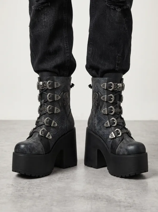 Dark Skull Bat Wing Detail Women's Gothic Platform Boots