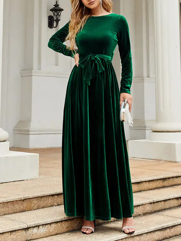 Pleated Wrap Belted Long Neck Maxi Dress