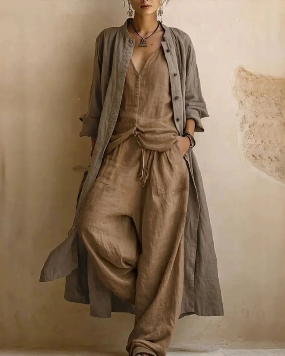 Boho Three-Piece Outfit Printed Top Wide Leg Pants