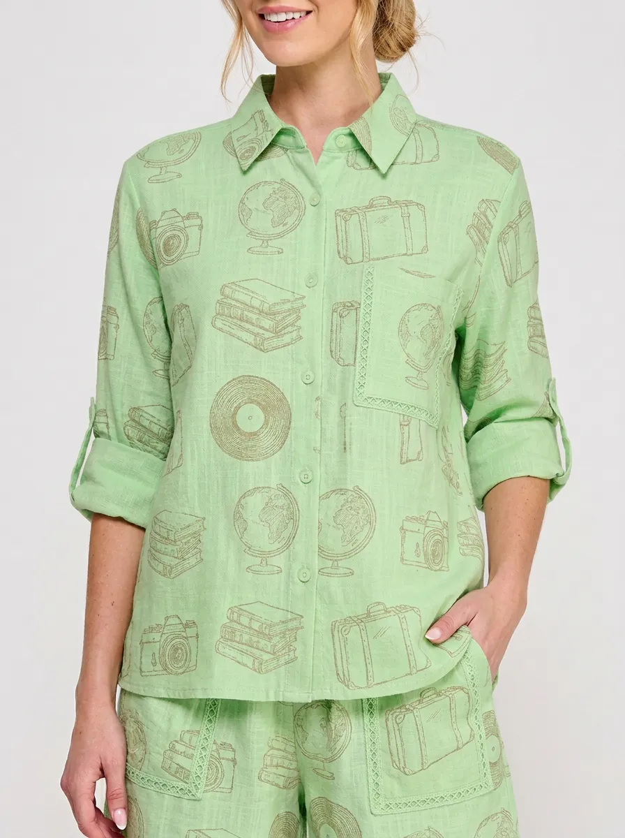 Women's Travel Inspired Globe Camera Book Printed Shirt