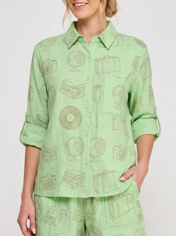Women's Travel Inspired Globe Camera Book Printed Shirt
