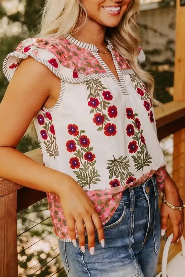 Floral Print Contrast Striped Trim Flutter Sleeve Cotton Blouse