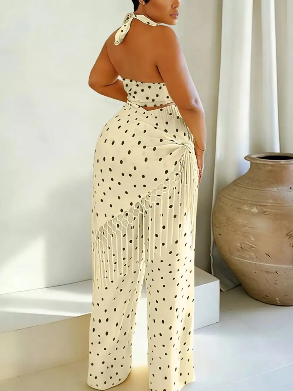 Polka Dot Halter Neck Cami and Fringe Trim Pants