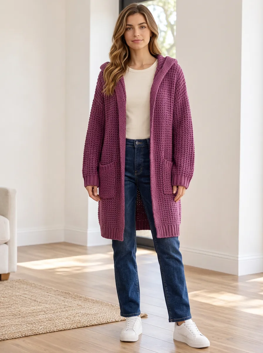 Women's Ribbed-Knit Open-Front Patch-Pocket Oversized Hooded Cardigan