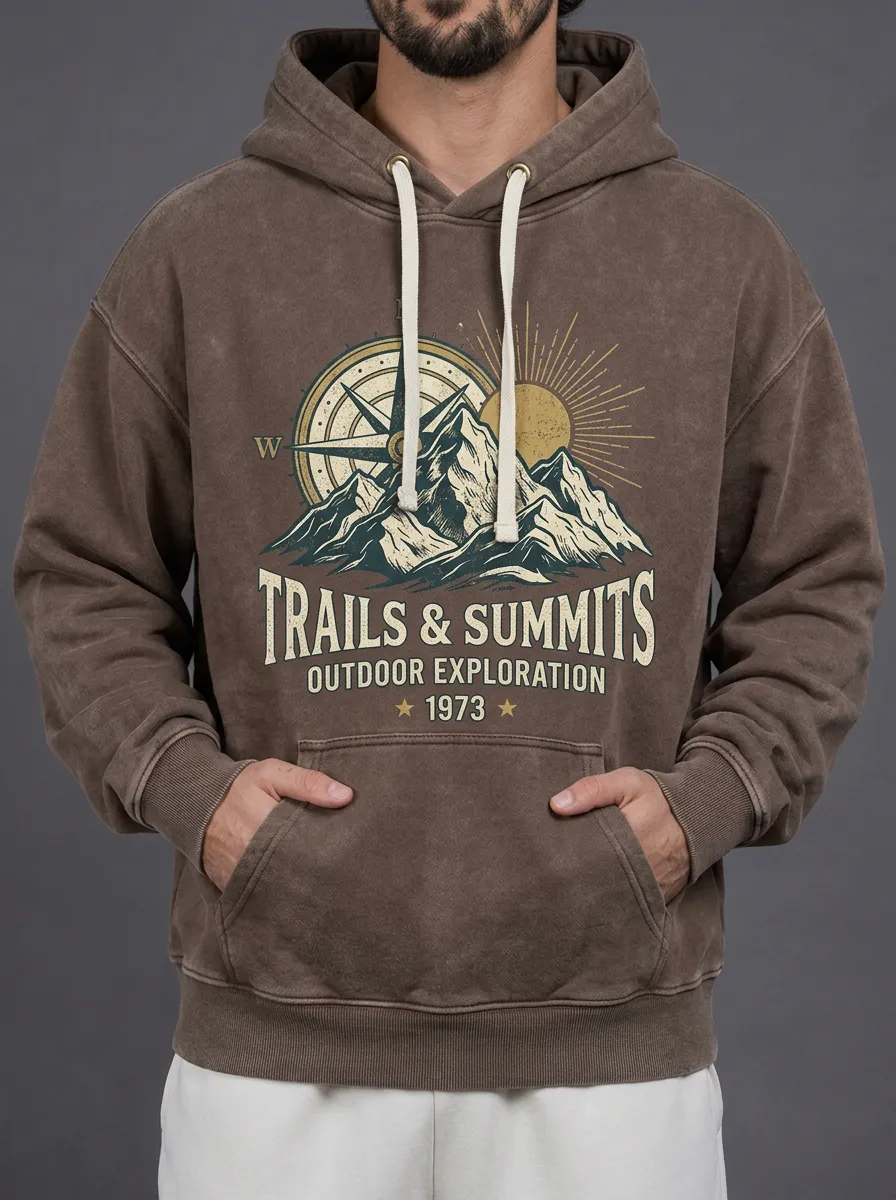 Men's Outdoor Exploration Mountain Compass Printed Hoodie
