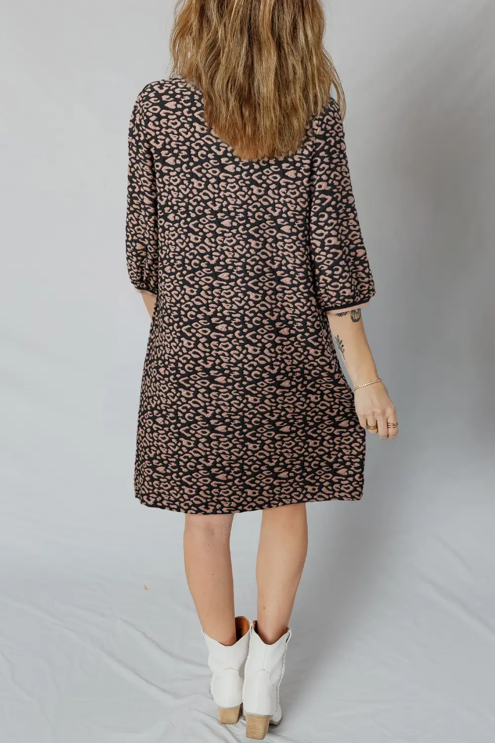 Leopard Print Bubble Sleeve Shift Mini Dress