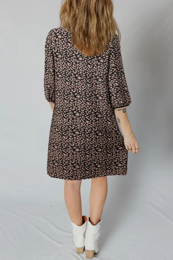 Leopard Print Bubble Sleeve Shift Mini Dress