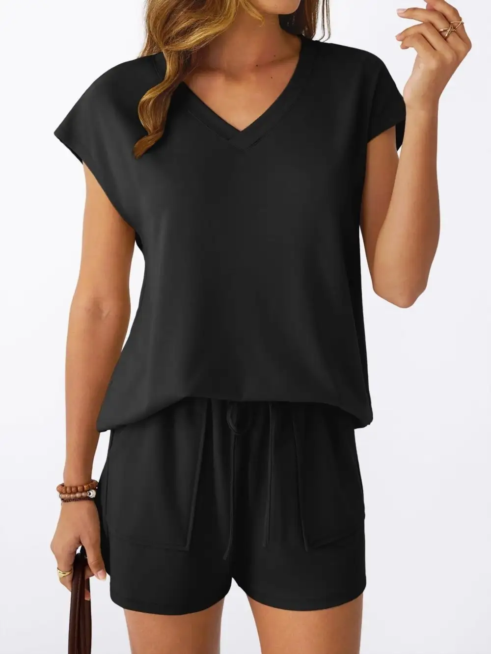 Casual V Neck T Shirt and Shorts Set