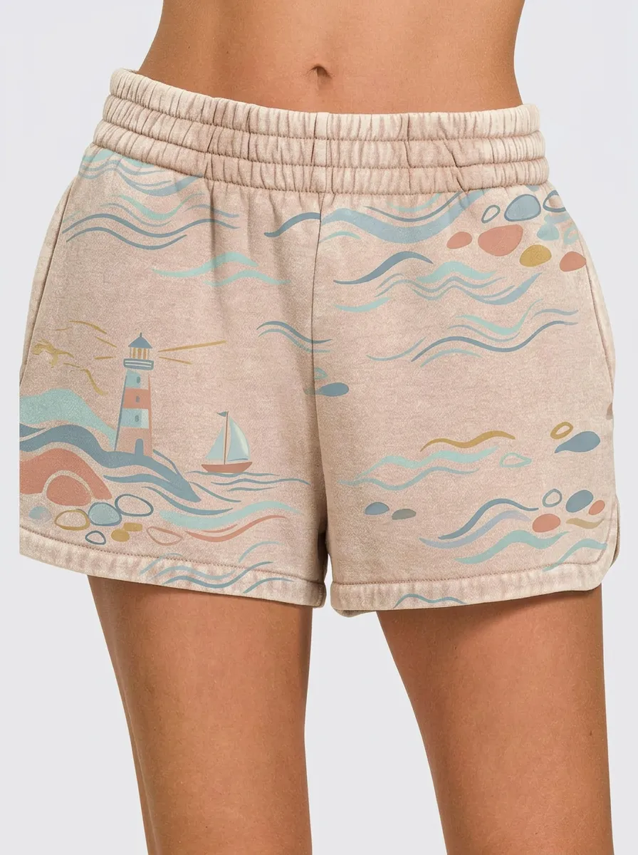 Women's Sierra Nautical Coastal Lighthouse Sailboat Graphic Shorts