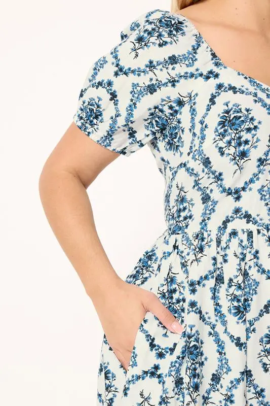 White & Blue Floral Linen Midaxi Dress