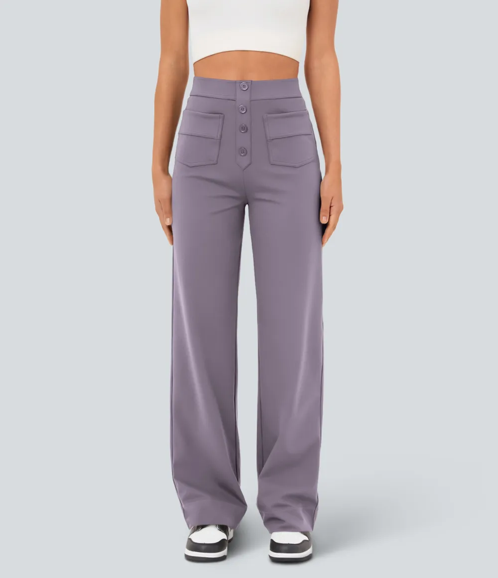 High Waisted Button Multiple Pockets Straight Leg Casual Pants