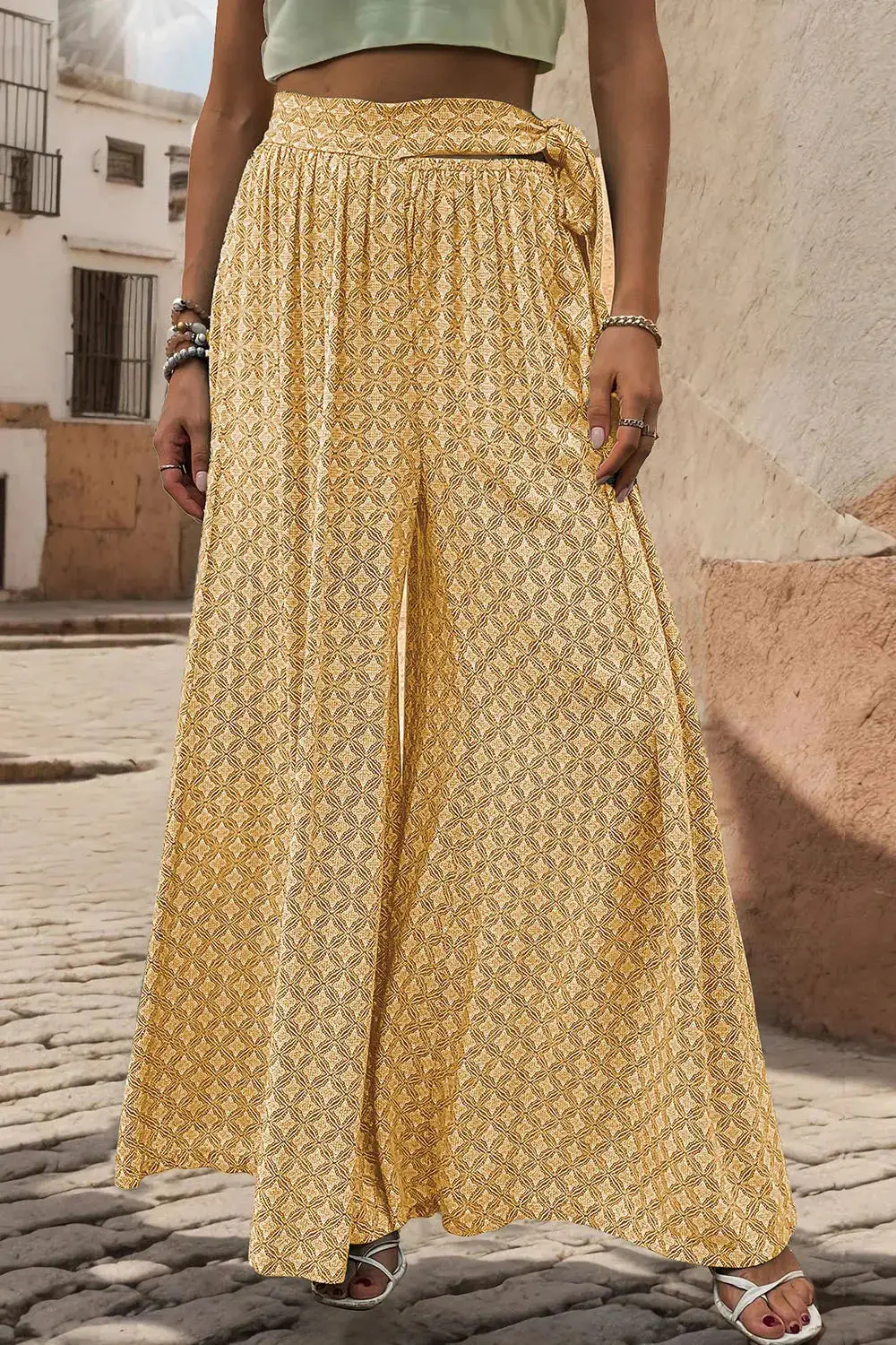 Wide Leg Tie Waist Printed Versatile Pants