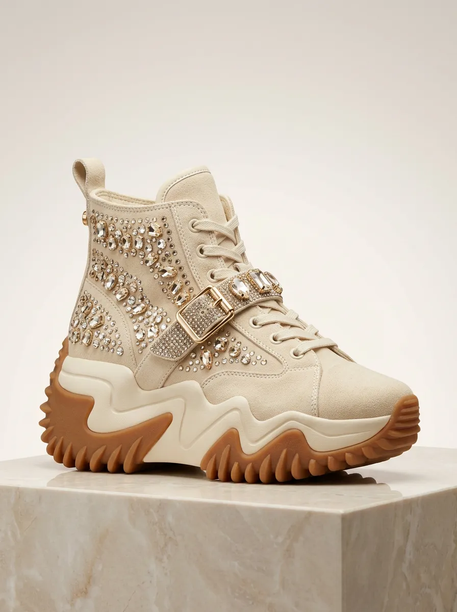 Lace-Detail Buckle-Strap High-Top Women's Rhinestone Platform Shoes