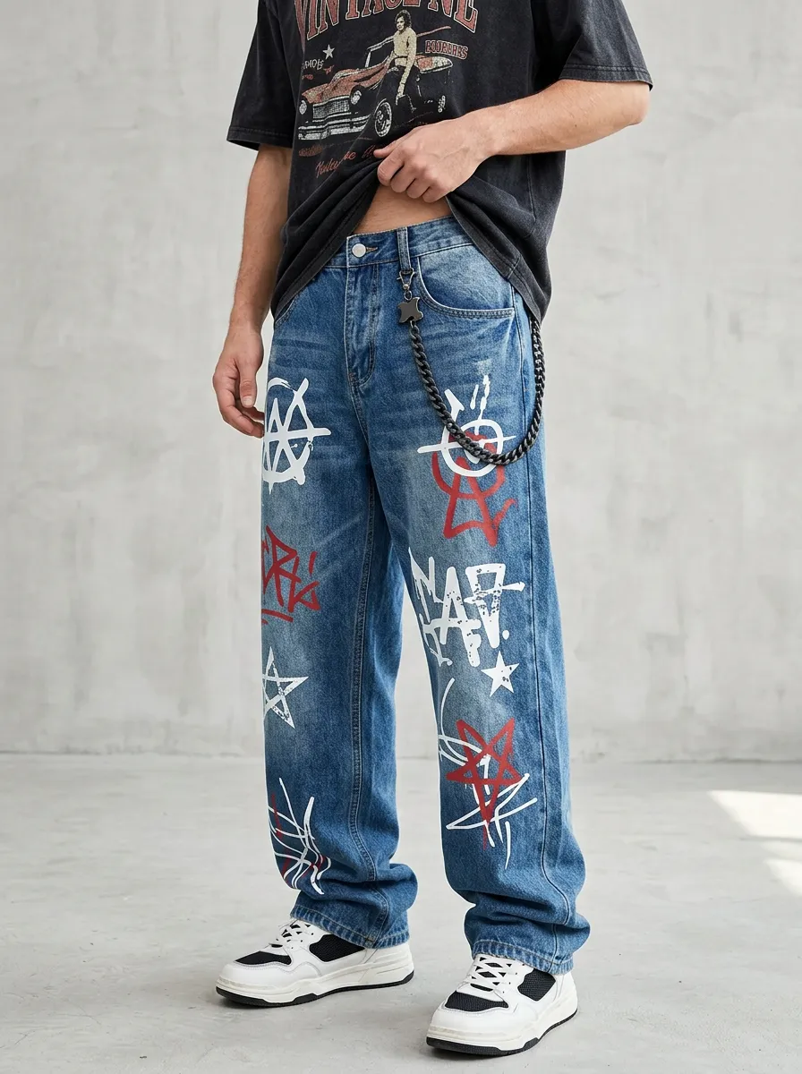 Unisex Casual Streetwear Graffiti Star Jeans
