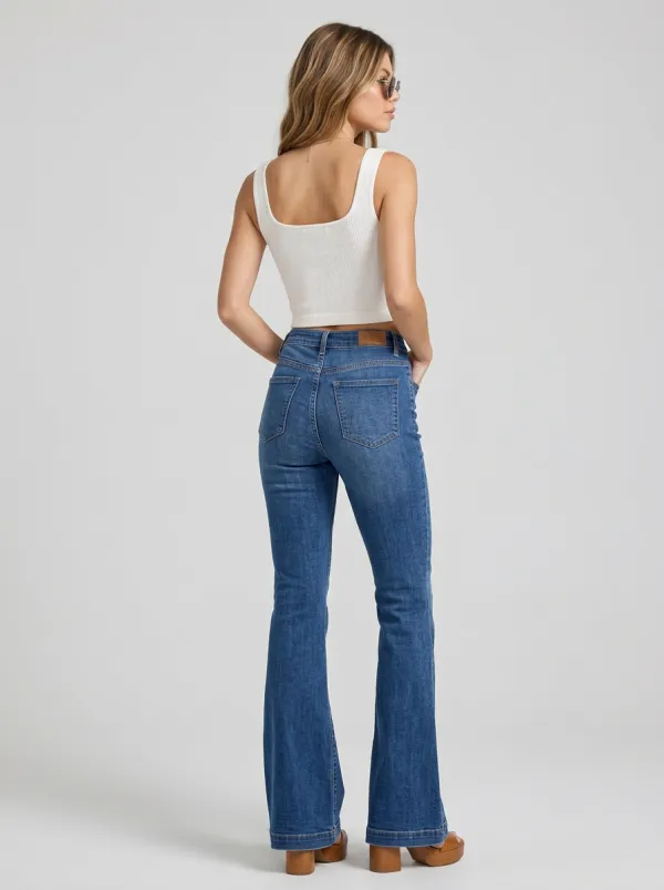 Women's Vintage Style High-Waisted Patch Pocket Flare Jeans