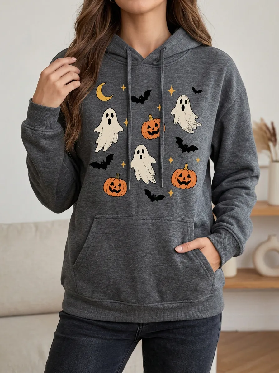Women's Halloween Ghost Pumpkin Bat Relaxed Pullover Hoodie