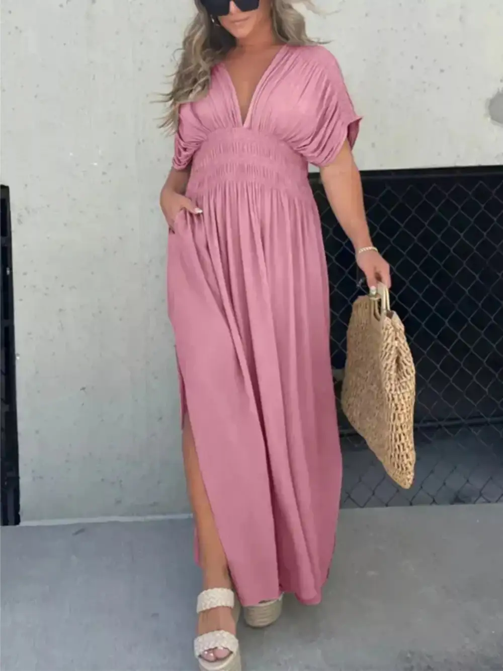 V Neck Smocked Slit Maxi Dress